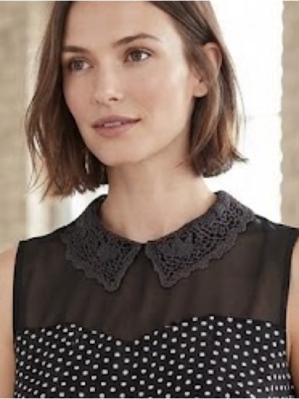 Faith and Joy Women”S ' Black Victorian Collared Trim Polka Dot Top